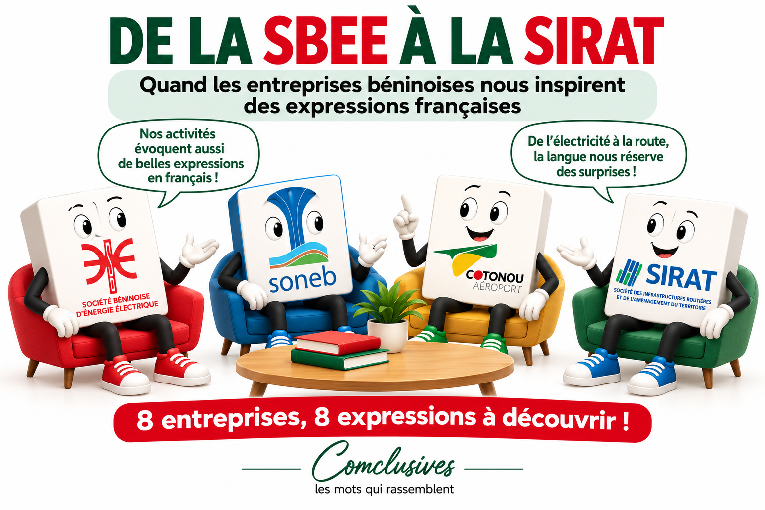 Illustration des entreprises béninoises SBEE, SONEB, SIAB, SAAB, LNB, ANIP, SOBEBRA et SIRAT autour des expressions françaises.